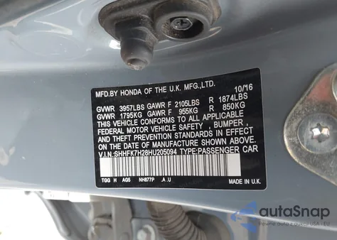 2017 Honda Civic Lx from USA, damaged, VIN SHHFK7H28HU205094